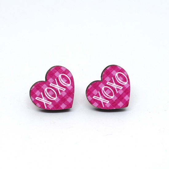 Picture of 1 Pair Wood Valentine's Day Ear Post Stud Earrings White & Fuchsia Heart Message " Xoxo " 1.8cm