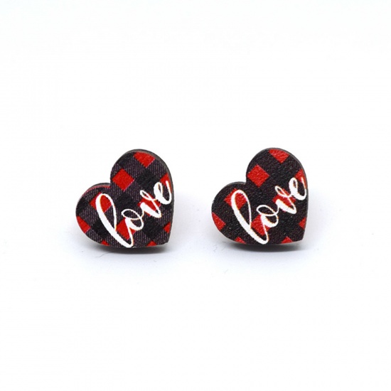 Picture of 1 Pair Wood Valentine's Day Ear Post Stud Earrings Multicolor Heart Grid Checker Message " LOVE " 1.8cm