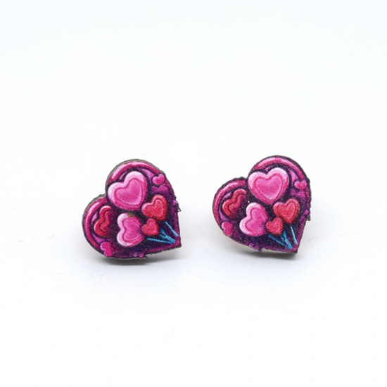 Picture of 1 Pair Wood Valentine's Day Ear Post Stud Earrings Multicolor Heart Balloon 1.8cm