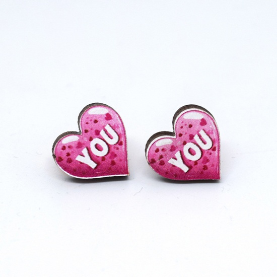 Picture of 1 Pair Wood Valentine's Day Ear Post Stud Earrings White & Fuchsia Heart Message " you " 1.8cm