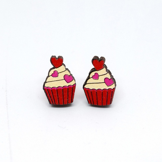 Picture of 1 Pair Wood Valentine's Day Ear Post Stud Earrings Multicolor Cake Heart 1.8cm