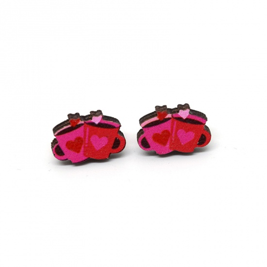 Picture of 1 Pair Wood Valentine's Day Ear Post Stud Earrings White & Fuchsia Cup Heart 1.8cm