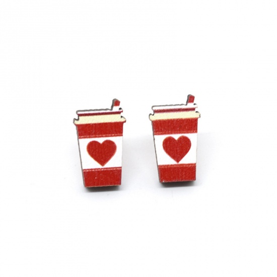 Picture of 1 Pair Wood Valentine's Day Ear Post Stud Earrings White & Red Cup Heart 1.8cm