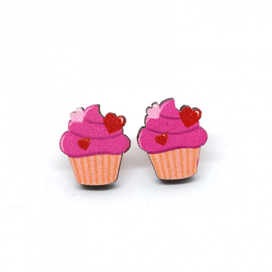 Picture of 1 Pair Wood Valentine's Day Ear Post Stud Earrings Multicolor Cake Heart 1.8cm