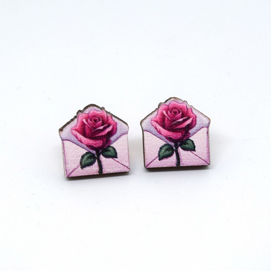 Picture of 1 Pair Wood Valentine's Day Ear Post Stud Earrings Multicolor Envelope Rose Flower 1.8cm
