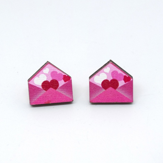 Picture of 1 Pair Wood Valentine's Day Ear Post Stud Earrings Multicolor Envelope Heart 1.8cm
