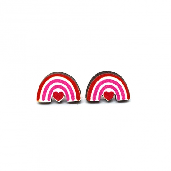 Picture of 1 Pair Wood Valentine's Day Ear Post Stud Earrings Multicolor Rainbow Heart 1.8cm