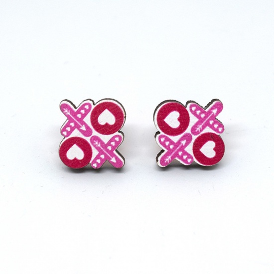 Picture of 1 Pair Wood Valentine's Day Ear Post Stud Earrings Multicolor Heart Message " Xoxo " 1.8cm