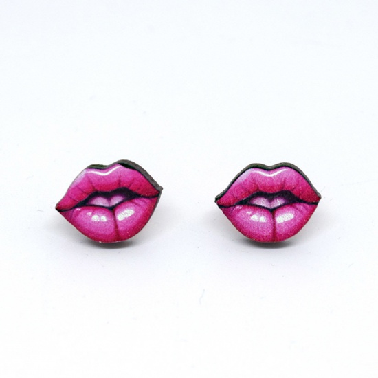 Picture of 1 Pair Wood Valentine's Day Ear Post Stud Earrings Fuchsia Lip 1.8cm
