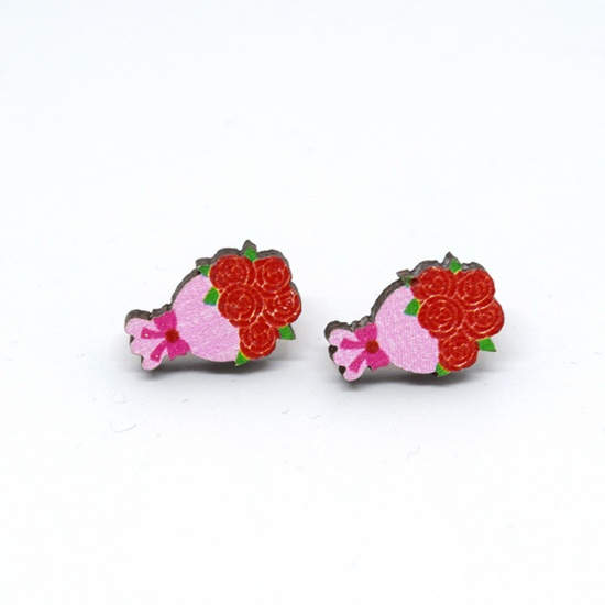 Picture of 1 Pair Wood Valentine's Day Ear Post Stud Earrings Multicolor Flower 1.8cm