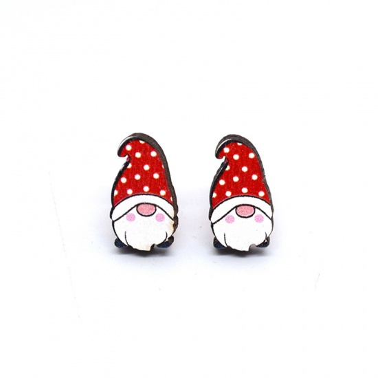 Picture of 1 Pair Wood Classic Ear Post Stud Earrings White & Red Christmas Santa Claus 1.8cm