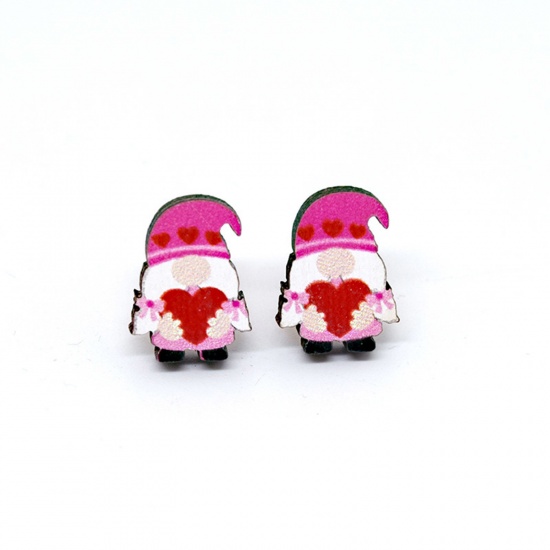 Picture of 1 Pair Wood Classic Ear Post Stud Earrings Multicolor Christmas Santa Claus Heart 1.8cm