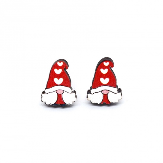Picture of 1 Pair Wood Classic Ear Post Stud Earrings White & Red Christmas Santa Claus Heart 1.8cm