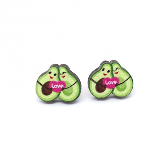 Picture of 1 Pair Wood Valentine's Day Ear Post Stud Earrings Multicolor Avocado Fruit Heart 1.8cm