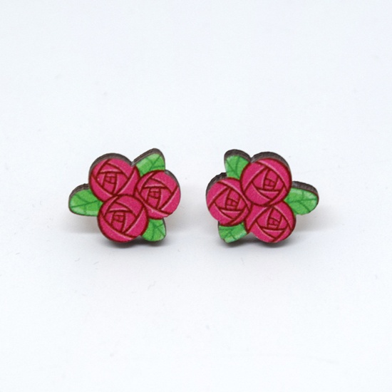 Picture of 1 Pair Wood Valentine's Day Ear Post Stud Earrings Red & Green Flower Leaves 1.8cm