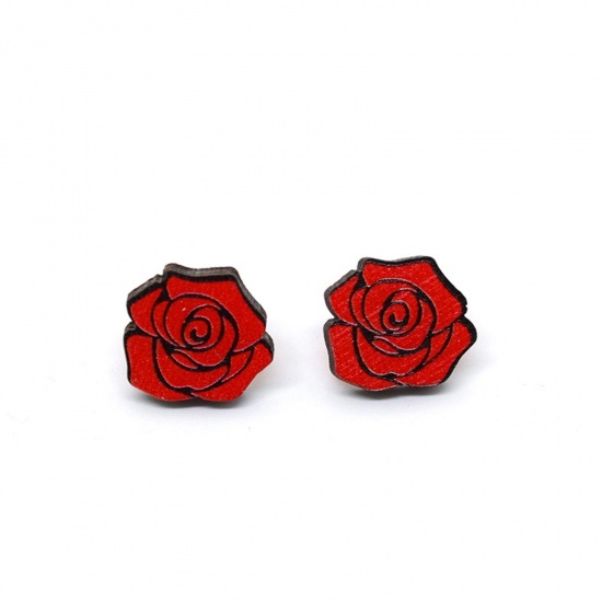 Picture of 1 Pair Wood Valentine's Day Ear Post Stud Earrings Red Rose Flower 1.8cm