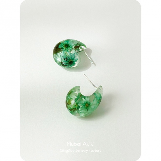 Picture of 1 Pair Resin Handmade Resin Jewelry Real Flower Ear Post Teardrop Chubby Stud Earrings Green Cashew Drop 2.4cm x 1.5cm