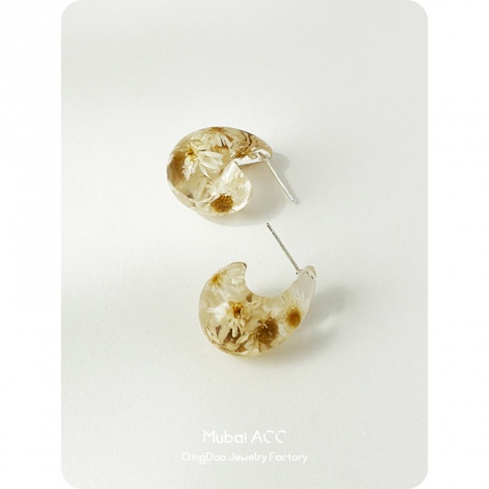 Picture of 1 Pair Resin Handmade Resin Jewelry Real Flower Ear Post Teardrop Chubby Stud Earrings Khaki Cashew Drop 2.4cm x 1.5cm