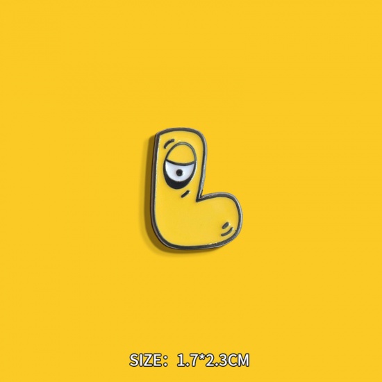 Picture of 1 Piece Cute Pin Brooches Monster Eye Message " L " Pale Yellow Enamel 2.3cm x 1.7cm