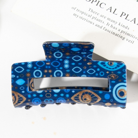 Picture of 1 Piece PVC Retro Hair Claw Clips Clamps Dark Blue Rectangle Eye Hollow 8cm x 4.5cm