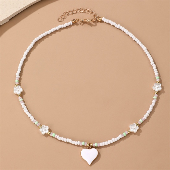 Picture of 1 Piece Resin Valentine's Day Pendant Necklace White Heart Flower Beaded 38cm(15") long