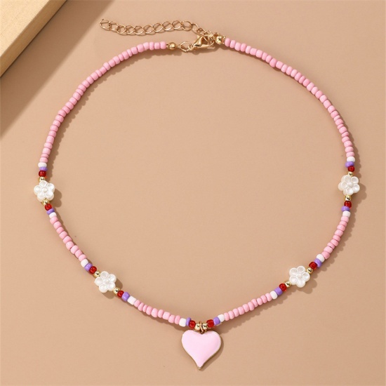 Picture of 1 Piece Resin Valentine's Day Pendant Necklace Pink Heart Flower Beaded 38cm(15") long