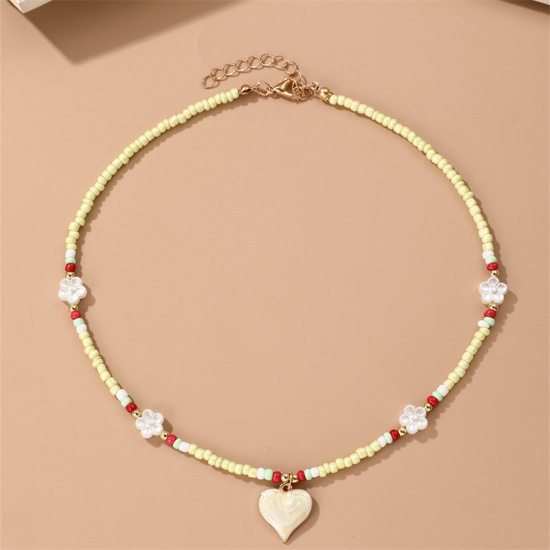Picture of 1 Piece Resin Valentine's Day Pendant Necklace Yellow Heart Flower Beaded 38cm(15") long