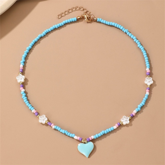 Picture of 1 Piece Resin Valentine's Day Pendant Necklace Blue Heart Flower Beaded 38cm(15") long
