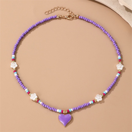 Picture of 1 Piece Resin Valentine's Day Pendant Necklace Purple Heart Flower Beaded 38cm(15") long