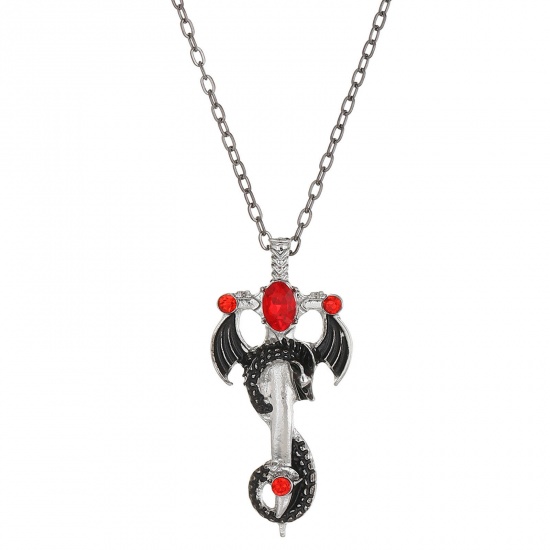 Bild von 1 Strang Gotisch Anhänger Halskette Antiksilber Kreuz Drache Rot Strass 51cm lang