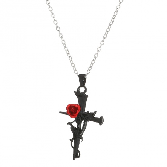 Picture of 1 Piece Gothic Pendant Necklace Black Red Cross Rose Flower 50cm(19 5/8") long
