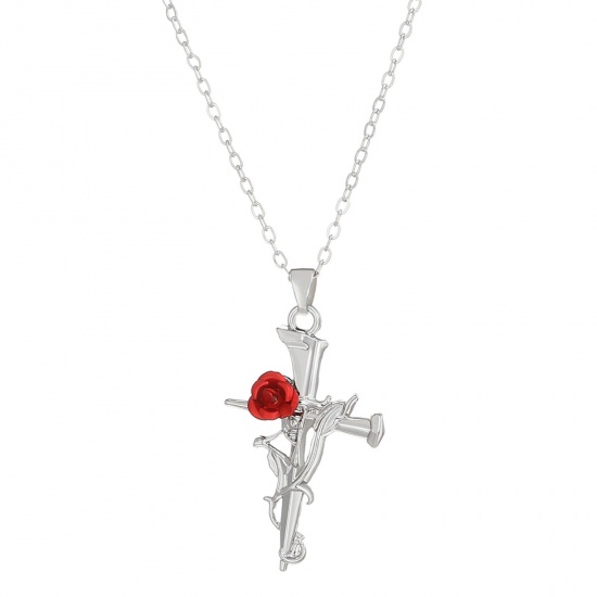 Picture of 1 Piece Gothic Pendant Necklace Silver Tone Red Cross Thorns 50cm(19 5/8") long