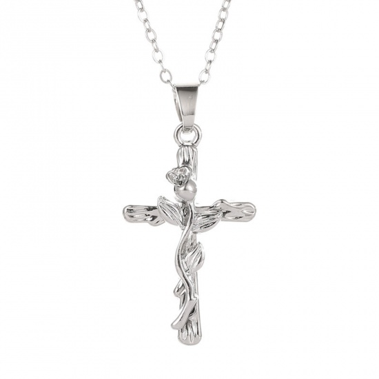 Picture of 1 Piece Gothic Pendant Necklace Silver Tone Cross Thorns 50cm(19 5/8") long