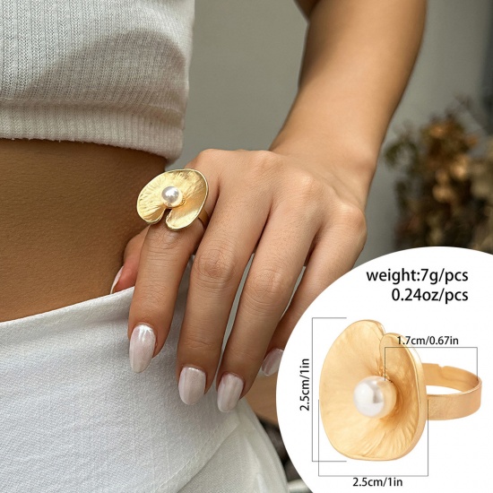 Imagen de 1 Unidad Geométrico Abierto Ajustable Anillos Oro Mate Imitación de perla Hoja 17mm (US size 6.5)