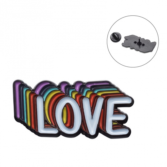 Picture of 1 Piece Stylish Pin Brooches Rainbow Message " LOVE " Enamel 3cm x 1.5cm