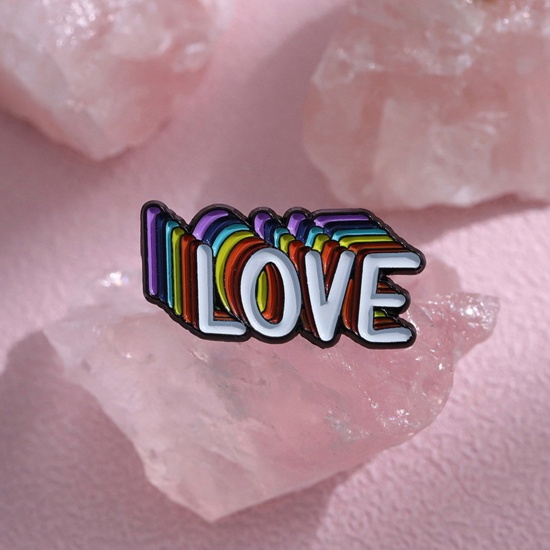 Picture of 1 Piece Stylish Pin Brooches Rainbow Message " LOVE " Enamel 3cm x 1.5cm