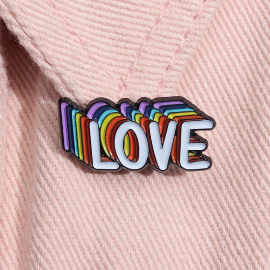 Bild von 1 Stück Stilvoll Brosche Regenbogen Message " LOVE " Emaille 3cm x 1.5cm