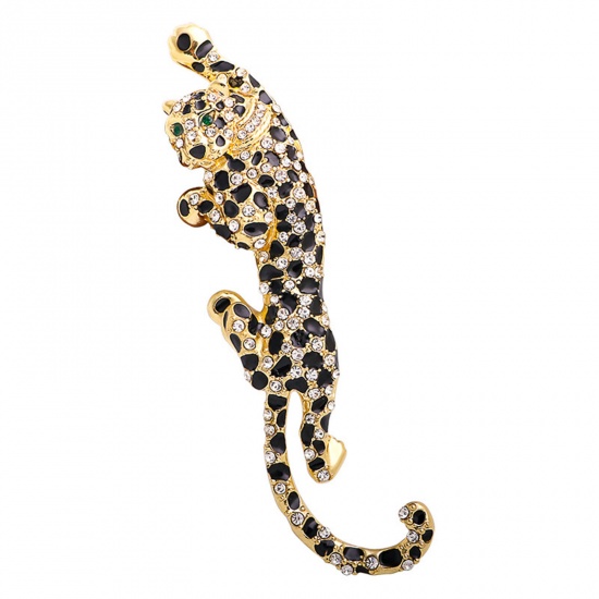 Immagine di 1 Pz Elegante Spilla Leopardo Oro Placcato Nero Smalto Trasparente Strass 10.6cm x 3cm
