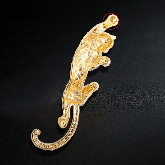 Picture of 1 Piece Stylish Pin Brooches Leopard Gold Plated Black Enamel Clear Rhinestone 10.6cm x 3cm