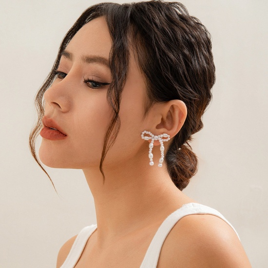 Picture of 1 Pair Acrylic Y2K Ear Post Stud Earrings White Bowknot Beaded 3.5cm