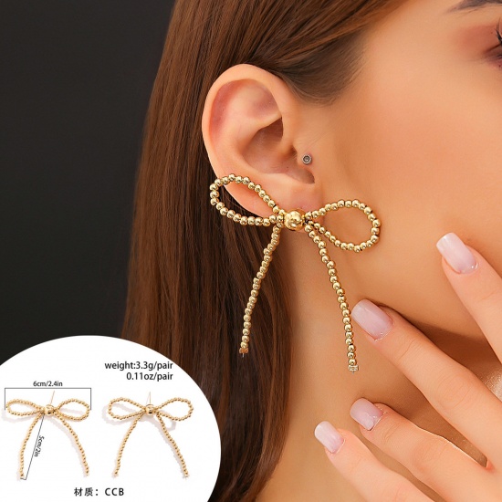 Picture of 1 Pair CCB Plastic Y2K Ear Post Stud Earrings Golden Bowknot Beaded 6cm