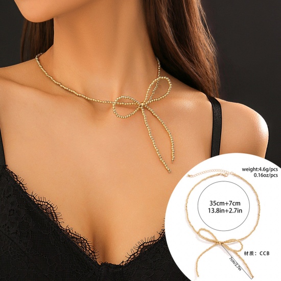 Picture of 1 Piece CCB Plastic Y2K Beaded Necklace Golden Bowknot 35cm(13 6/8") long