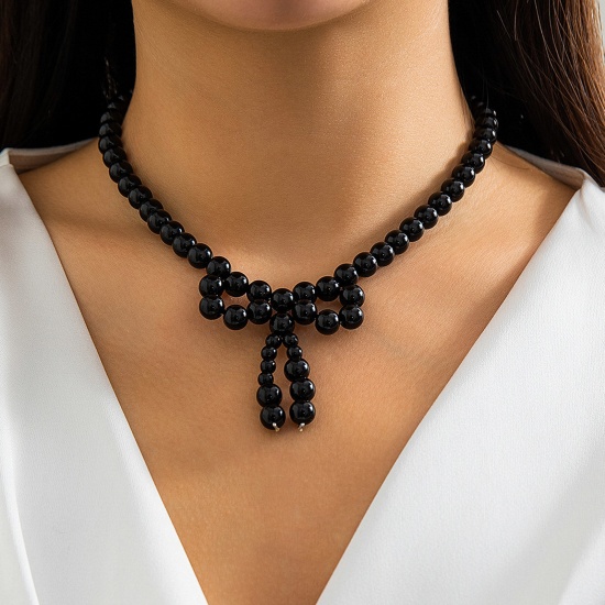 Picture of 1 Piece Acrylic Y2K Beaded Necklace Black Bowknot Imitation Pearl 35cm(13 6/8") long