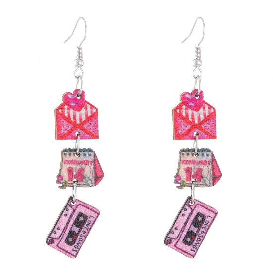 Picture of 1 Pair Wood Valentine's Day Earrings Silver Tone Pink Radio 7.6cm