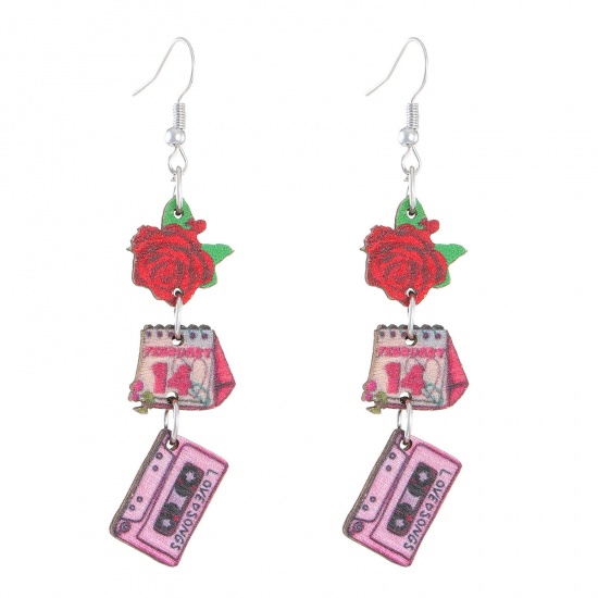 Picture of 1 Pair Wood Valentine's Day Earrings Silver Tone Pink Radio Rose Flower 7.6cm