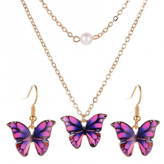 Picture of 1 Set Ins Style Jewelry Necklace Earrings Set KC Gold Plated Purple Butterfly Animal 50cm(19 5/8") long