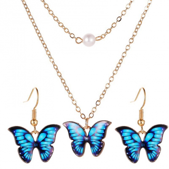 Picture of 1 Set Ins Style Jewelry Necklace Earrings Set KC Gold Plated Blue Butterfly Animal 50cm(19 5/8") long