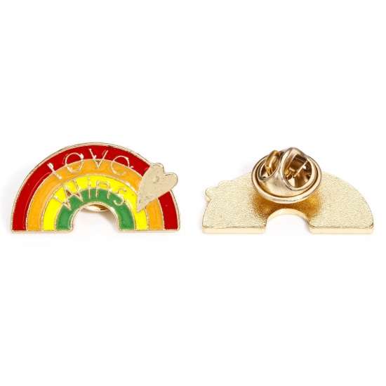 Picture of 5 PCs Zinc Based Alloy Rainbow Pin Brooches Rainbow Message " Love Wins " Gold Plated Multicolor Enamel 27mm x 14.5mm