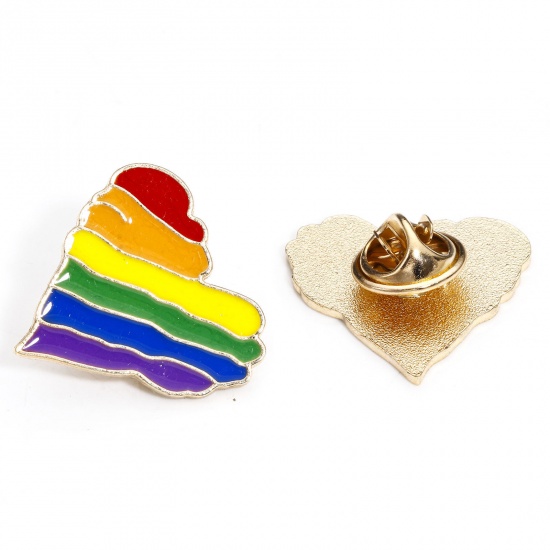 Picture of 5 PCs Zinc Based Alloy Rainbow Pin Brooches Heart Gold Plated Multicolor Enamel 24mm x 24mm