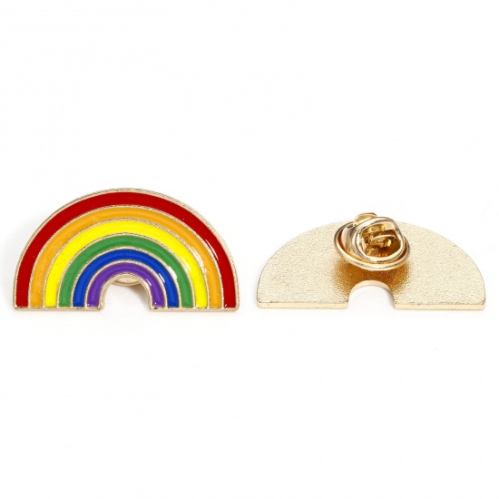 Picture of 5 PCs Zinc Based Alloy Rainbow Pin Brooches Rainbow Gold Plated Multicolor Enamel 3.3cm x 1.8cm